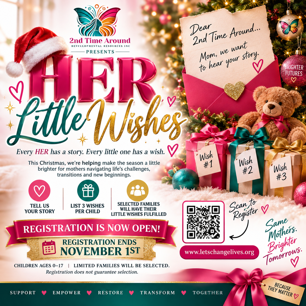 Official HER Little Wishes promotional flyer — registration now open, deadline November 1